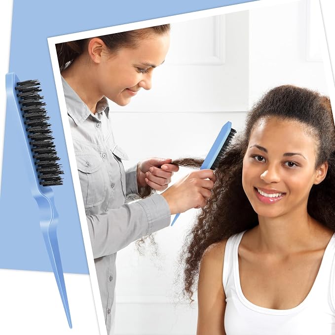 Geiserailie 3 Pcs Slick Back Hair Brush Set Bristle Brush Edge Control Teasing Comb for Women Black Hair(Light Blue)