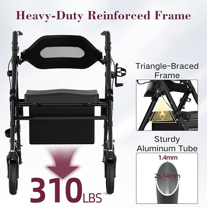 Walkers for Seniors, Foldable Rollator Walker with Seat, 8" Big Wheels, Lightweight Rollator Walker with Ergonomic Backrest, Adjustable Handles and Seat Height, 310 Lbs Weight Capacity, Black