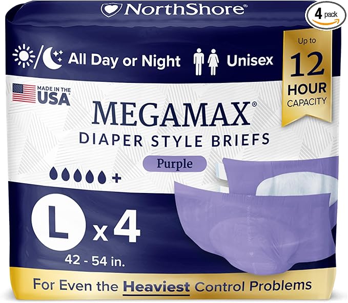 NorthShore MegaMax Made in USA 12-Hour HBL Adult Diapers for Heavy Bladder Leaks, Large, 4 Count, Purple, 42-54 inches, Tab-Style Incontinence Underwear for Men, Women & Teens