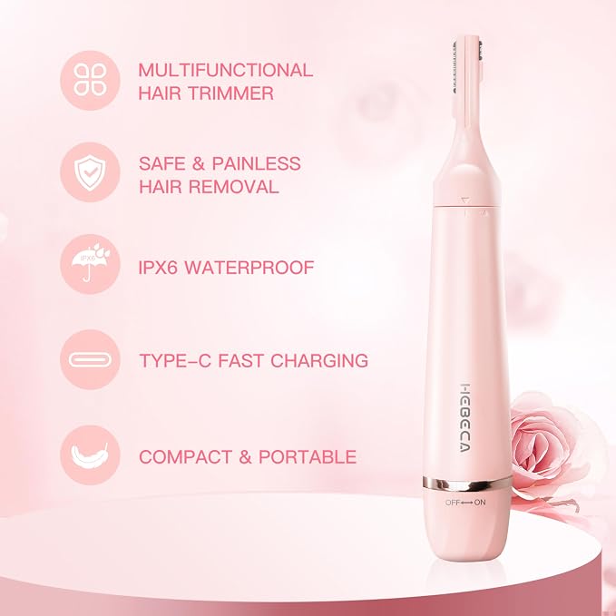 HEBECA Nose Hair Trimmer for Women, 3in1 Electric Eyebrow Trimmer Waterproof Facial Hair Removal Rechargeable Hair Shaver Razor for Nose Ear Eyebrow Peach-Fuzz Lips Chin FT3001 Pink (Pink)
