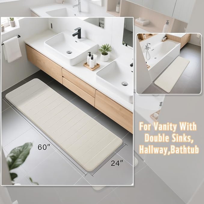 Yimobra Bathroom Runner 60"x24", Non Slip Memory Foam Bath Mat, Super Soft Water Absorbent Hallway Carpet, Machine Washable Rug for Vanity Tub Shower, Cream