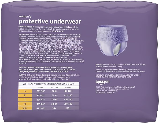 Amazon Basics Postpartum Incontinence Underwear for Women, Maximum Absorbency, Disposable, Fresh Protection, Odor Control, Comfortable Fit, Medium, Lavender, 20 Count (Pack of 2)