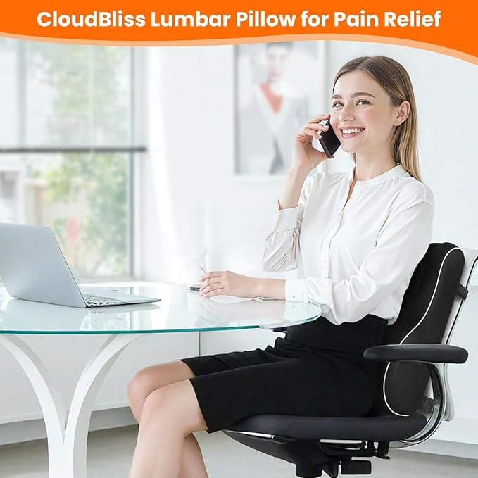 CloudBliss Ergonomic Lumbar Support Pillow – Memory Foam for Lower Back Pain Relief, Adjustable Straps & Mesh Cover for Office, Gaming, Car Seat & Home Essentials (XL, Black)