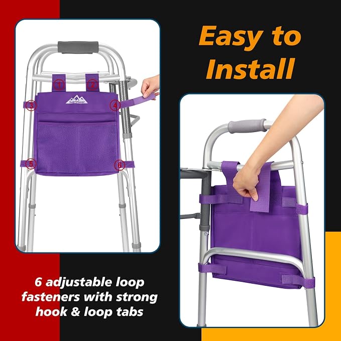 supregear Walker Side Bag, Multi Pocket Storage Pouch for Folding Walker, Water Resistant Lightweight Hand Free Carrier Tote, Universal Size Seniors Caddy Attachment