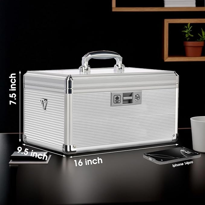Medicine Lock Box with Key, Alluminum Alloy Box for Medication,First Aid Box with a Removeable Tray to Store Medicines & Pills for Home, Silver, 16 * 9.25 * 7.48 Inch