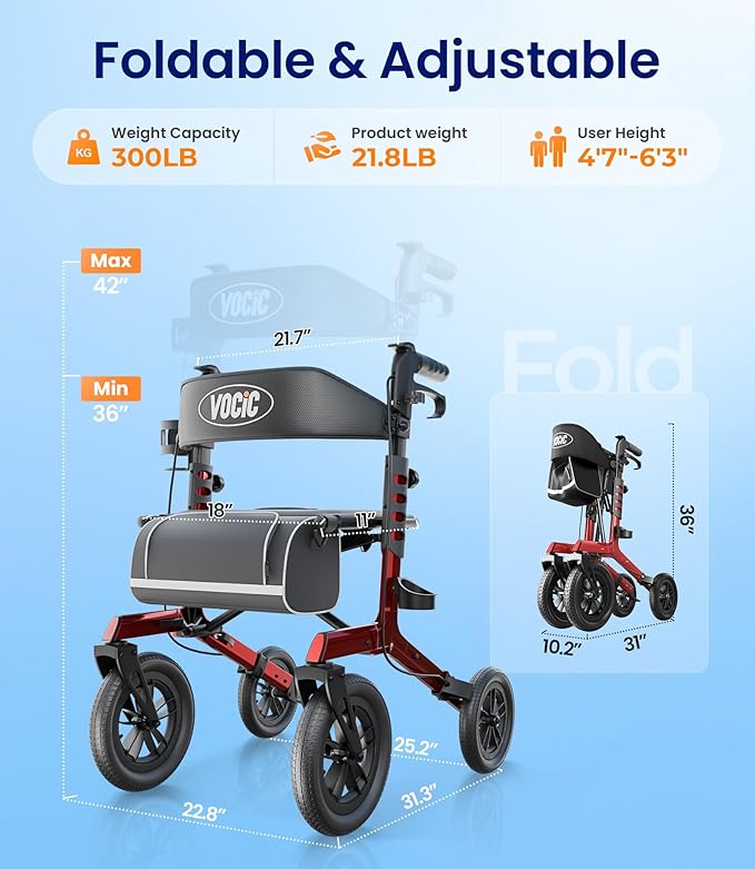 VOCIC Walker with Seat for Seniors, Z57 Outdoor Rollator Walker with 12" All Terrain Big Wheels, 7-Level Adjustable Height Rolling Walker with Safety Brakes, Storage Bag, Cup Holder