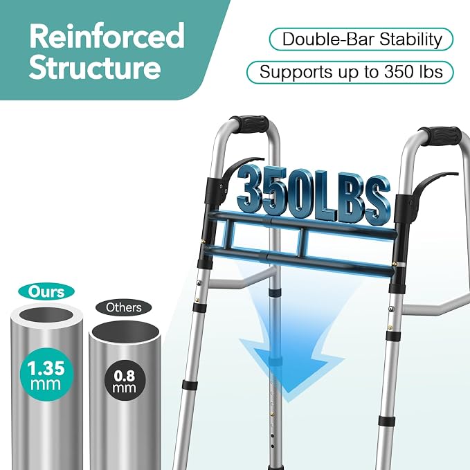 HOMENURSE Narrow Walkers for Seniors, Folding Walker with Skis and 5" Wheels for Small Spaces, Adjustable Width & Height, Aluminum Lightweight Standard Rolling Walker, Support Up to 350lbs, Silver