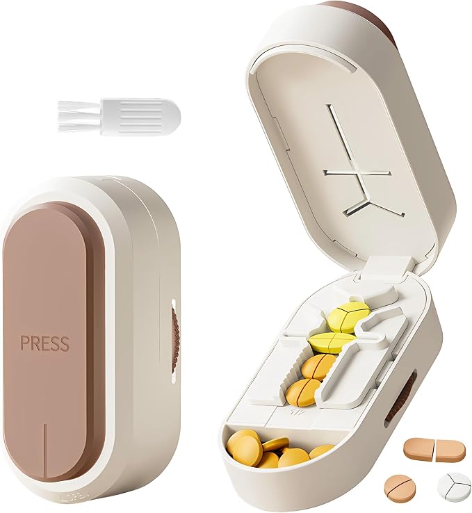 Pill Cutter Splitter for Small and Tiny Pills, Vertical Push Down Cut Pill Cutter 1/4 1/3 1/2, Accurate Pill Cutter for Small or Large Pills with Storage Cleaning Brush Pill Crushers for Elderly Pets