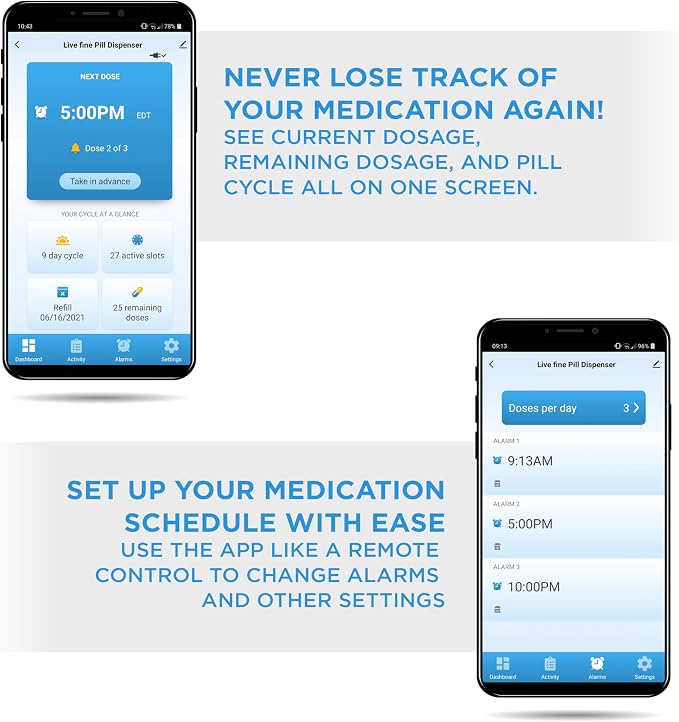 LiveFine Bluetooth Pill Dispenser, 9 Dosage Rings, 28-Day, Clear Lid | Free app control with sound and light alerts, secure key lock, quick-press latch - for seniors and arthritis sufferers.