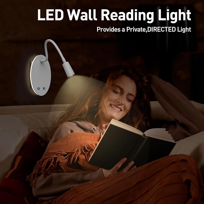 Rechargeable Cordless Reading Light, 360° Adjustable Bedside Lamp, 3 Color Stepless Dimming Night Light, 40H Runtime with Eye-Care, Memory Function, USB Output, Wall-Mounted & Detachable(1pc)
