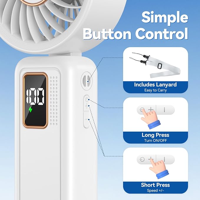 Handheld Fan, 5 Speed & 14H Cooling Time Portable Fan, 6000mAh USB Rechargeable Mini Fan with LED Display, Powerful but Quiet, Foldable Desk Fan, Lanyard for Neck Fan, Personal Fan for Travel/Office