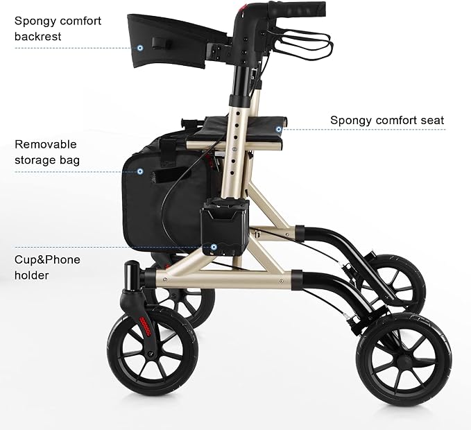 WALK MATE Rollator Walker for Seniors with Cup Holder, Upgraded Thumb Press Button for Height Adjustment, 4 x 8 Wheels Walker with Seat Padded Backrest Folding Lightweight Walking Aid, Gold
