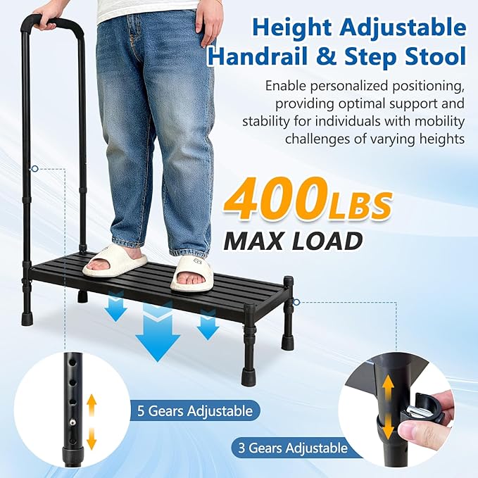 Medical Step Stool with Handle, Bed Step Stool for Elderly, 30.5" Long Bedside Steps for High Beds, Heavy Duty Stepping Stools, Handicap Footstool with Adjustable Handrail for Bed, SUV, Bathtub