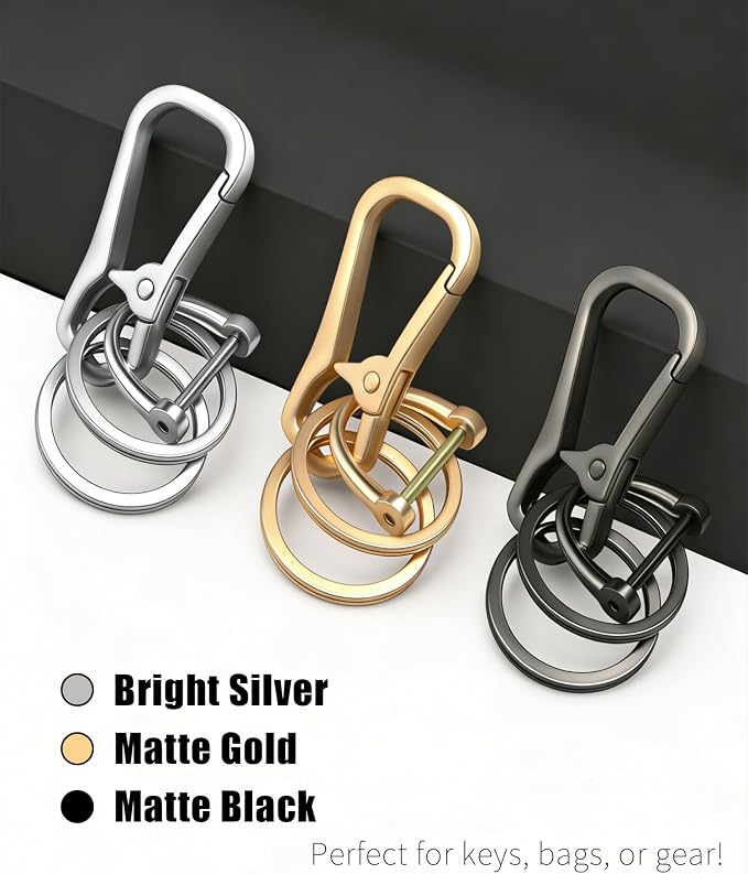 Metal Key Chain Carabiner Clip with Key Ring and D Ring | Heavy duty build, full accessory packs, quick release, multi purpose hook, belt loop holder, separate home and car fob sets