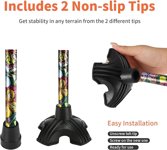 Floral Canes for Women Folding Cane for Stability with Non-Slip Base, Adjustable Walking Cane for Seniors - Lightweight Collapsible Walking Sticks with T & Offset Handle