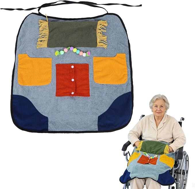 Blue Sensory Fidget Lap Blanket | Warm Fleece Activity Pad, Fine Motor Skills Toys, Calming Engagement for Elderly & Dementia, Fits Wheelchair & Chair