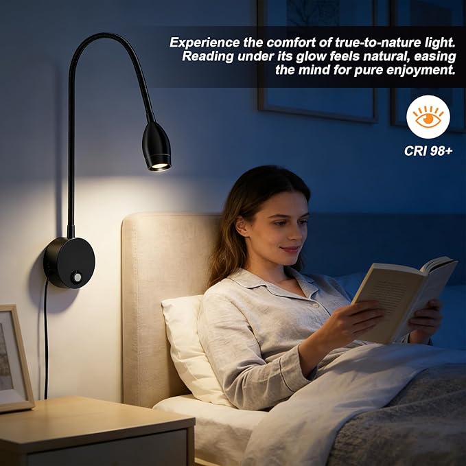 ERAY LED Wall Mounted Reading Light, Bedside Reading Lights for Bed with Touch Control, 3 Dimmable, 360°Flexible Gooseneck Headboard Book Reading Lamp Wall Sconce, 3000k-6000k-2 Pack