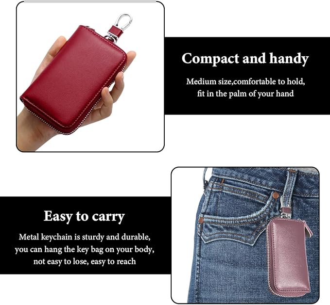 Leather Car Key Holder Bag, Unisex Key Fob Case with 6 Hooks, Zipper Closure Keychian Case Wallet for Smart Keys (Purple)