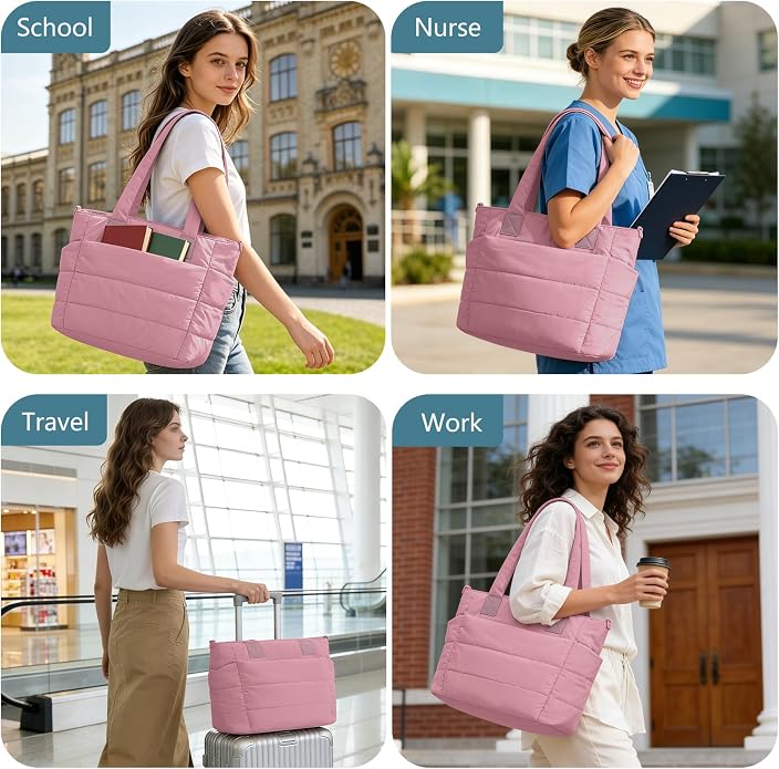 Puffer Tote Bag for Women Quilted Nurse Bag Lightweight Work Bag for Teacher Travel Handbag with Multiple Pockets
