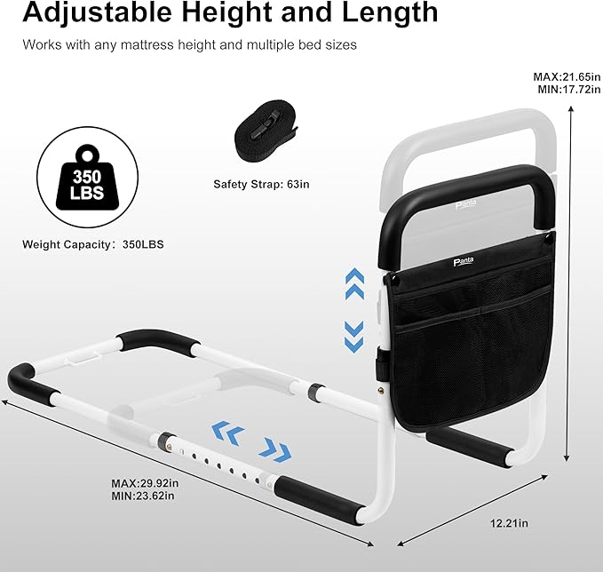 Bed Rails for Elderly Adults, Adjustable Bed Assist Bar for Seniors, Medical Bed Safety Rail with Storage Bag and Fixing Strap, Portable Bed Cane Fit King, Queen, Full, Twin, Medium, Black