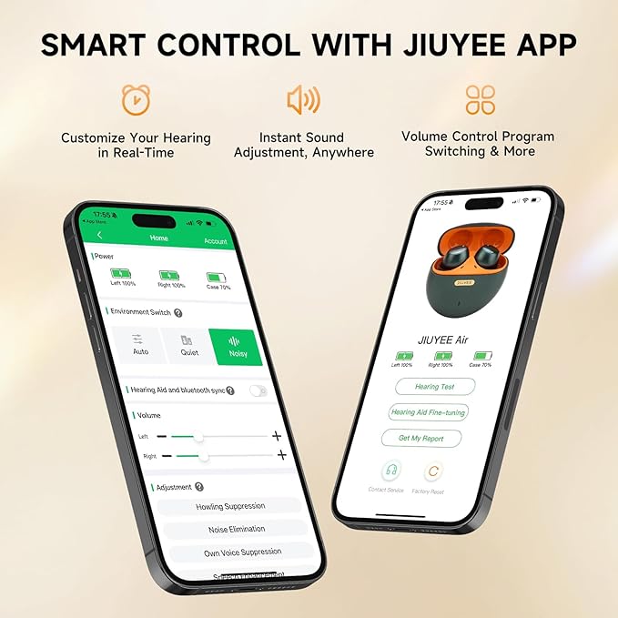 JIUYEE AIR PRO Bluetooth OTC Hearing Aids for Seniors, AI Noise Reduction, Rechargeable in-Ear, Lightweight Comfort – Green