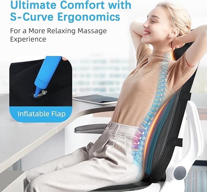 Shiatsu Neck & Back Massager with Heat, Massage Chair Pad Cushion for Stress Relief, Inflatable Flaps Back Support, Kneading or Rolling Chair Seat Massage,Ideal Gifts for Men,Women,Family
