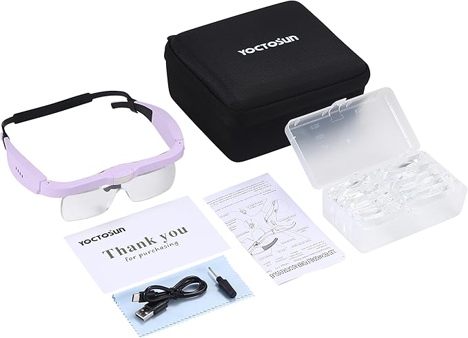 YOCTOSUN Headset Magnifier Glass with 3 LED Lights, Storage Case, Head Strap and 5 Detachable Lenses 0.75X,1.25X,2.0X,3.0X 4.0X, Magnifying Glasses for Close Work, Jewelry, Hobby, Crafts