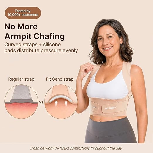 Fit Geno Invisilite Posture Corrector for Women, Adjustable Back Brace for Hunchback Slouching, Upper Back Neck Shoulder Pain Relief, Lightweight Discreet Under Clothes, Large