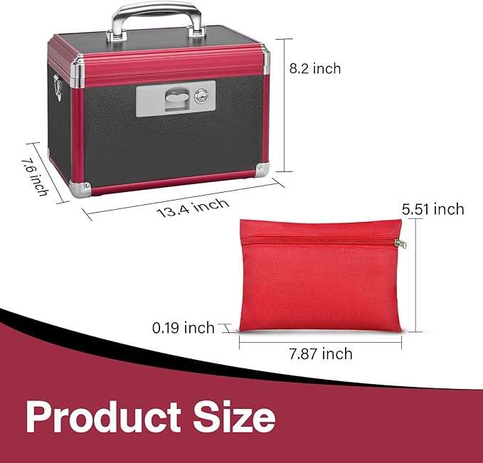 Secure Medicine Lock Box with Key, Childproof Metal Medication Storage Organizer for Home & Travel, Layered Aluminum First Aid Box, Portable & Durable – 13.4" x 7.6" x 8.2" Black & Red