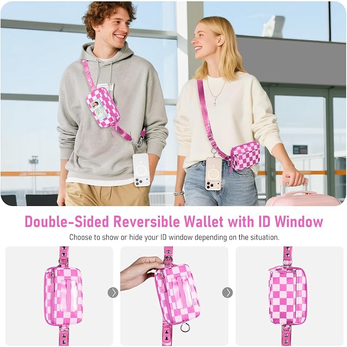 Tiostep Clip and Go Strap for Phone with Wallet Crossbody Phone Lanyard Adjustable and Detachable RFID Wristlet Wallet (Hot Pink Checkered, Medium)