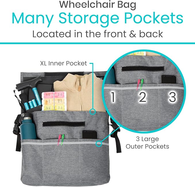 Vive XL Wheelchair Accessories Bag - Waterproof, Scratch-Resistant, Double-Stitched, Machine Washable for Adults, Seniors, 15 Colors - Storage Walker Backpack to Hang on Back