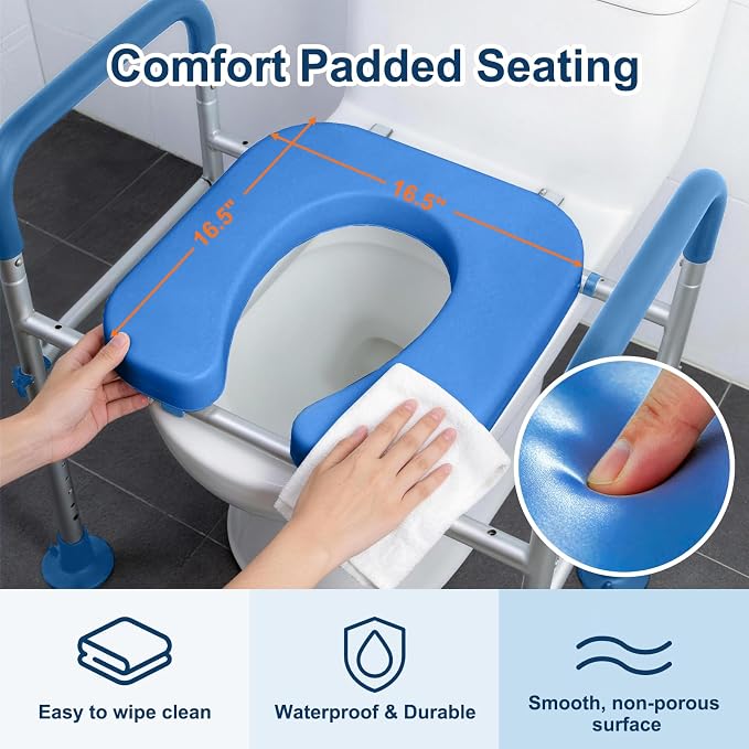 Adjustable Raised Toilet Seat with Handles for Seniors, Blue | 400lbs Capacity Elongated Toilet Seat Riser, Elevated Toilet Seat with Soft Cushion & Removable Armrests