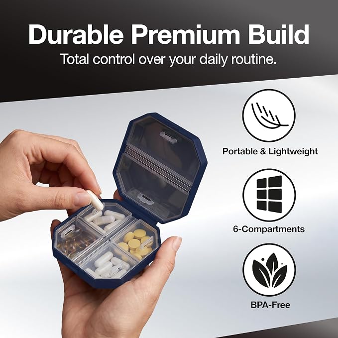 6-Compartment Travel Pill Organizer – Portable Daily Vitamin & Medicine Case, Compact & Durable Pill Box for Pocket, Purse, or Travel