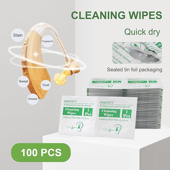 100 Count Hearing Aids Cleaning Wipes Individually Packaged, Hearing Aid Audio Wipe Cleaning Tool Kit Supplies Hearing Aid Accessories, Suitable for All Hearing Aid Brand and Hearing Aid Type