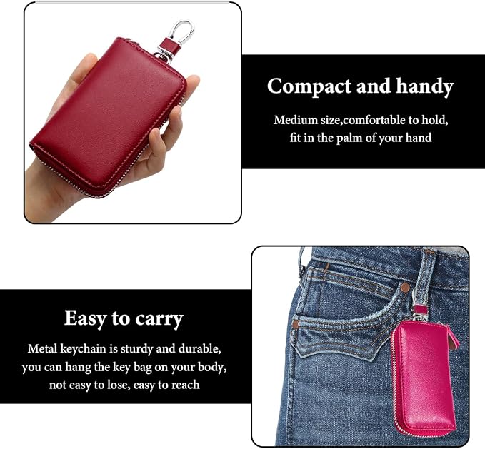 Leather Car Key Holder Bag, Unisex Key Fob Case with 6 Hooks, Zipper Closure Keychian Case Wallet for Smart Keys (Rose Red)