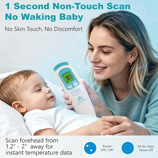 Non-Contact Medical Grade Forehead Thermometer, White | For Adults, Kids, Baby, Touchless Infrared, 1-Sec Reading, Fever Alarm