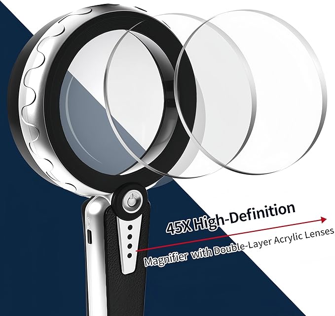 45X Magnifying Glass with Light, 4.6 Inch 1200mAh USB Rechargeable Large Handheld Magnifier, 6 Color Modes, Perfect for Low Vision Seniors, Macular Degeneration & Fine Print (Black)