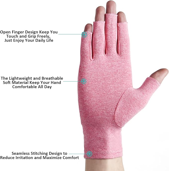 2 Pairs Arthritis Gloves Fingerless Compression Gloves for Relieve Hand Pain, Rheumatoid, Osteoarthritis, Tendonitis, Carpal Tunnel for Women and Men to Daily Work (Pink, Small)