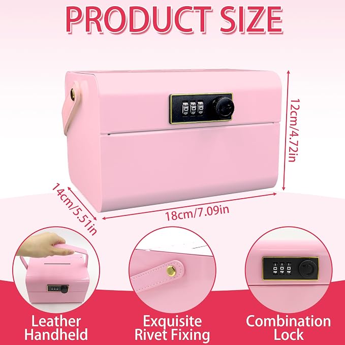 Medicine Lock Box with Code, Portable Medication Storage Box with Handle, Safety Medicine Case, First Aid Storage Organizer for Dorm Room, Home, Office (Pink)