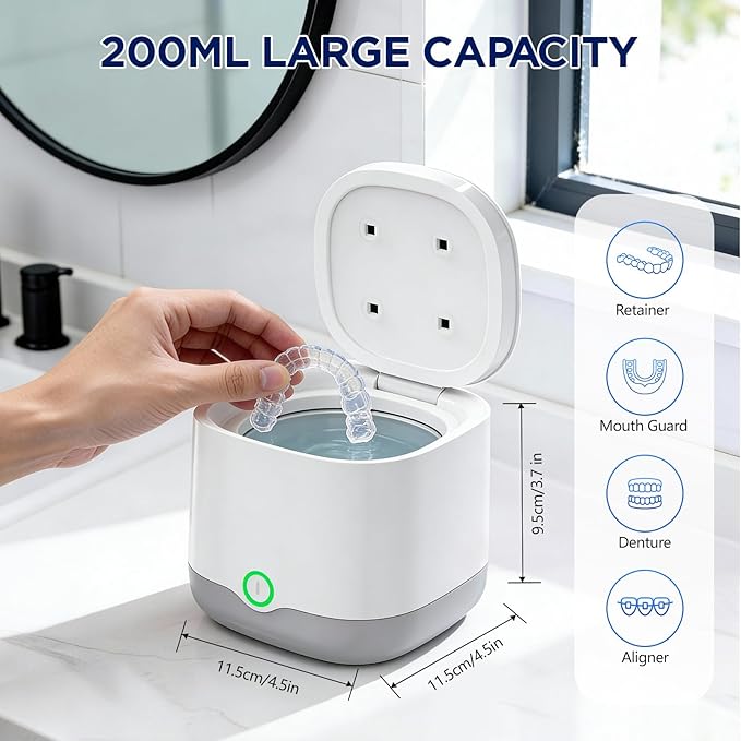 Ultrasonic Retainer Cleaner with 4 UVC Light, Jinyeda 45kHz Rechargeable Retainer Cleaner Machine 24W, 4000mAh Battery, 200ML Dental Cleaning Pod 3 Mode for Mouthguard Aligners Denture