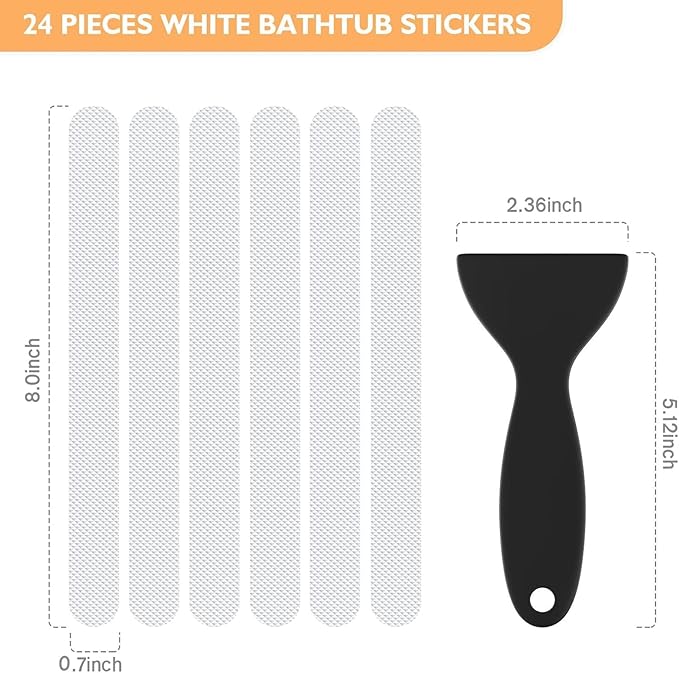 Non Slip Bathtub Stickers, 24 PCS Shower Stickers for Safety Bathroom Tubs, Bathtub Non Slip Stickers and Adhesive Decals Scraper for Bath Tub, Shower Floor, Stairs, Ladders(White)