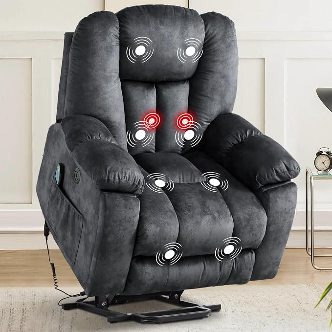 Large Power Lift Recliner Chair with Massage, Heat, and USB for Elderly, Overstuffed Wide Recliners, Heavy Duty and Safety Motion Reclining Mechanism, Gray
