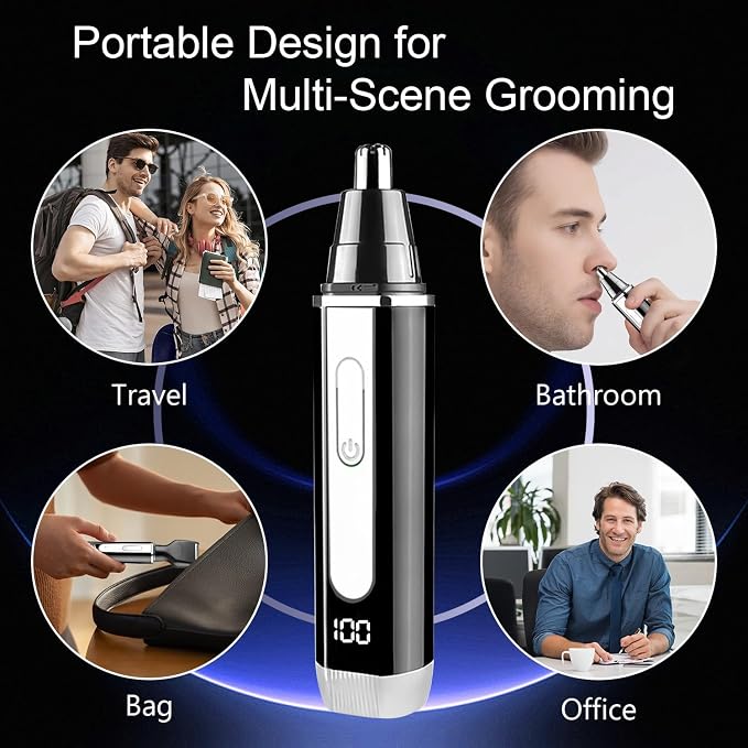 Nose Hair Trimmer for Men and Women: 4-in-1 Rechargeable Grooming Kit for Nose, Ear, Eyebrow & Beard, LED Display, High-Speed Precision Motor, USB-C Charging, Waterproof, Travel-Friendly (Black)