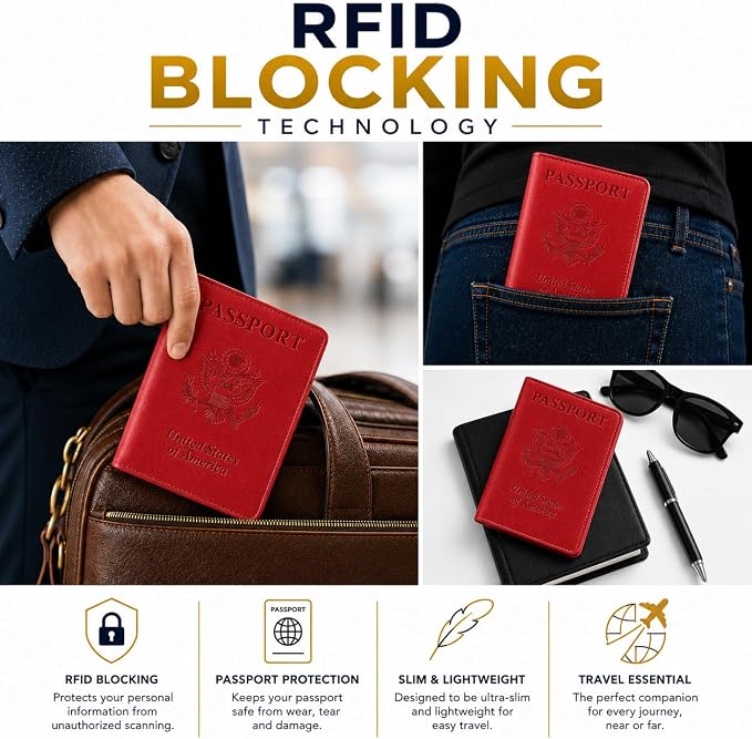 Ciana RFID Passport Holder for Travel – PU Leather Passport Cover and Card Holder for Men & Women – Slim Passport Holder with Card Protector Slot, Travel Must Haves (Red)