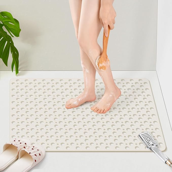 OTHWAY Large Shower Mat, 35"x 24" TPE Anti Slip Shower Mat, Heavy Bath Mats for Shower with Drain Holes Suction Cups, Shower Stall Mat for Bathroom, No Odor Shower Grip Mat for Elderly Kids(W-White)
