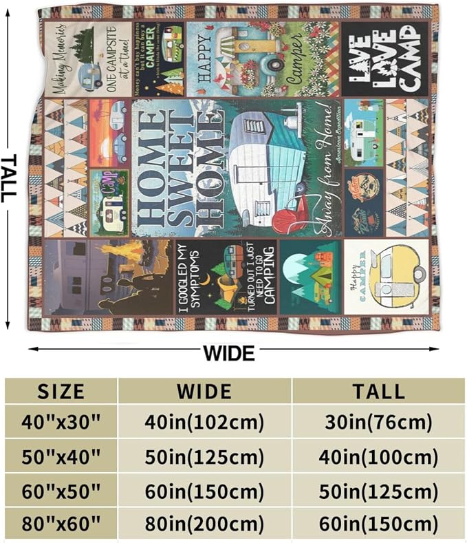 Camping Blanket Soft Warm Plush Throw Blanket Happy Camper RV Gifts for Camper Lover Cozy Lightweight Flannel Fleece Stuff Decor Blanket for Girls Boys Kids Adults Women Bed Travel 60"x80"