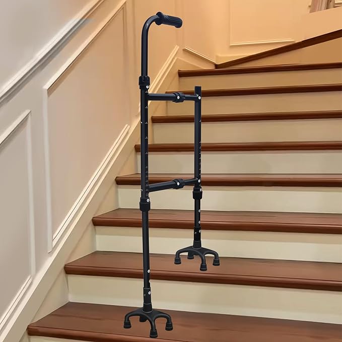 Height & Width Adjustable Stair Assist Cane -12-Level Adjustable Height,Portable Lightweight, Eight Anti-Slip Bases, Stair Helper for Up&Down -Mobility Aid for Elderly,Post-Surgery,Sore HIPS&Knees