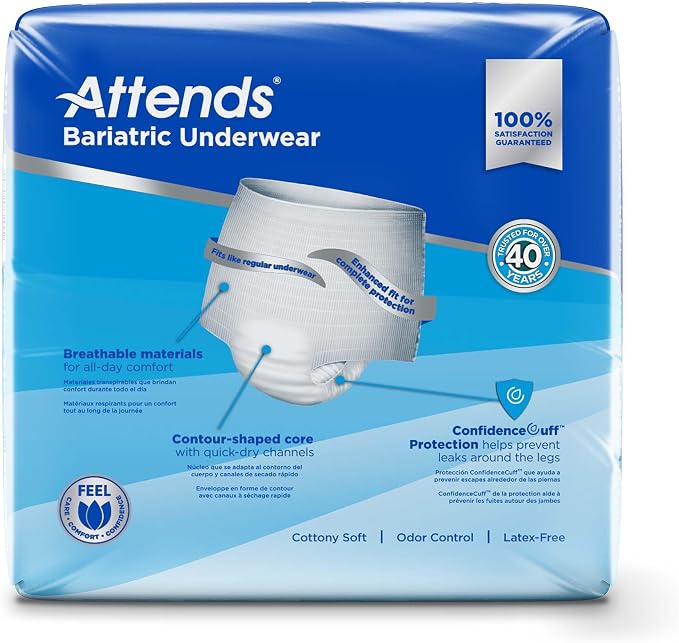 Attends Bariatric Adult Incontinence Underwear, 2X-Large (68–80”), [12 Count] – Overnight Absorbency for Men and Women, Disposable Pull-On Diapers with Tear-Away Sides, AU50
