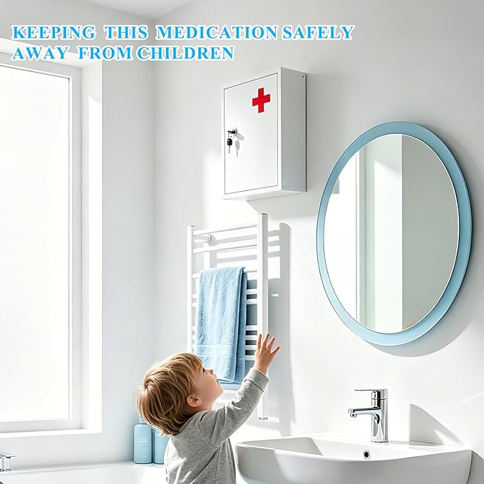 Wall Mount Locking Medicine Cabinet Box, 2-Tier Medicine Lock Box with Key | First Aid Cabinet Organizer, Secure Steel Locking Medical Storage for Home, School