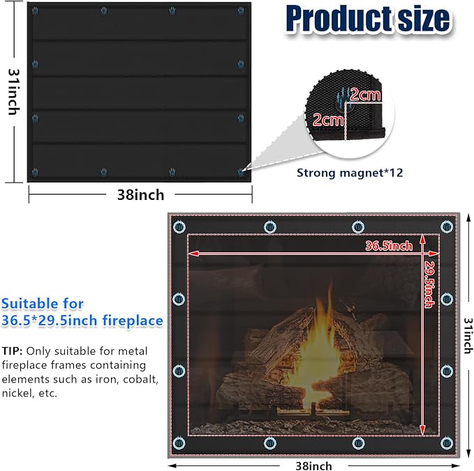 Magnetic Fireplace Blanket for Heat Loss Indoor Fireplace Covers Keep Drafts Out Fireplace Draft Stopper with Built-in 12 Strong Magnet for Iron Fire Place Frame Fireplaces Screen 38x31